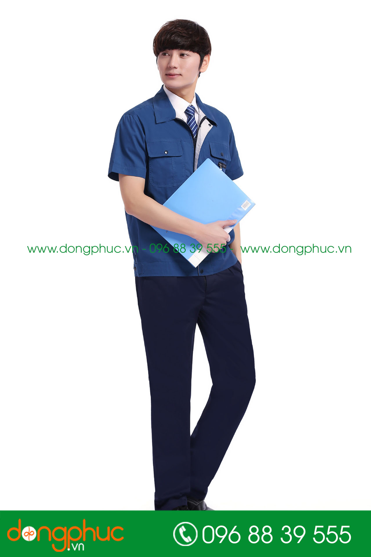 Mẫu bảo hộ màu xanh đậm phối ghi cộc tay